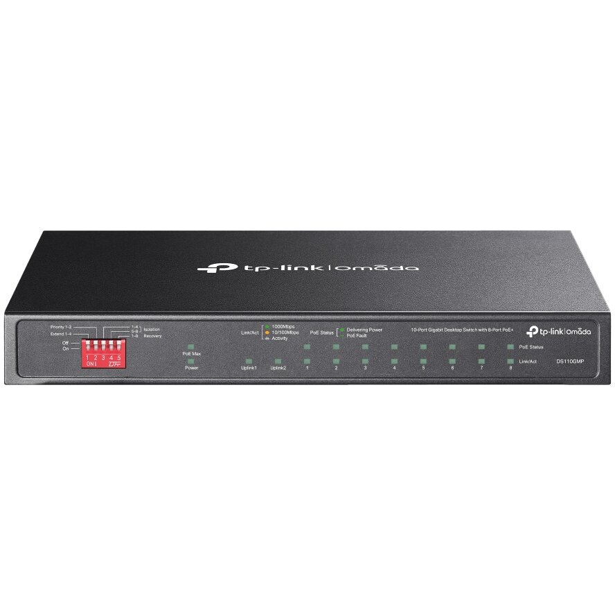 Switch Omada DS110GMP fara Management  9 Porturi Gigabit RJ45 + 1 Gigabit Combo SFP/RJ45 Port (8 Porturi POE+ Guget Total 123W) Carcasa Metalica Negru