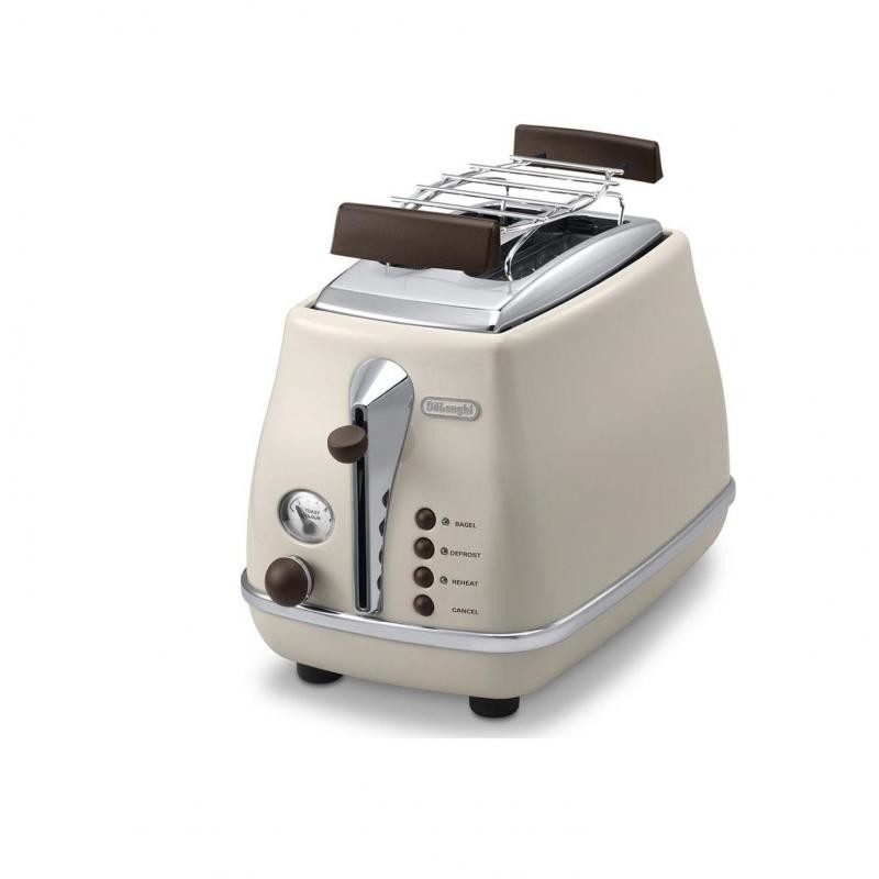 Prajitor de paine De'Longhi Icona Vintage CTOV 2103.BG, 900 W, 2 Felii, Control electronic rumenire, Suport de incalzire, Crem