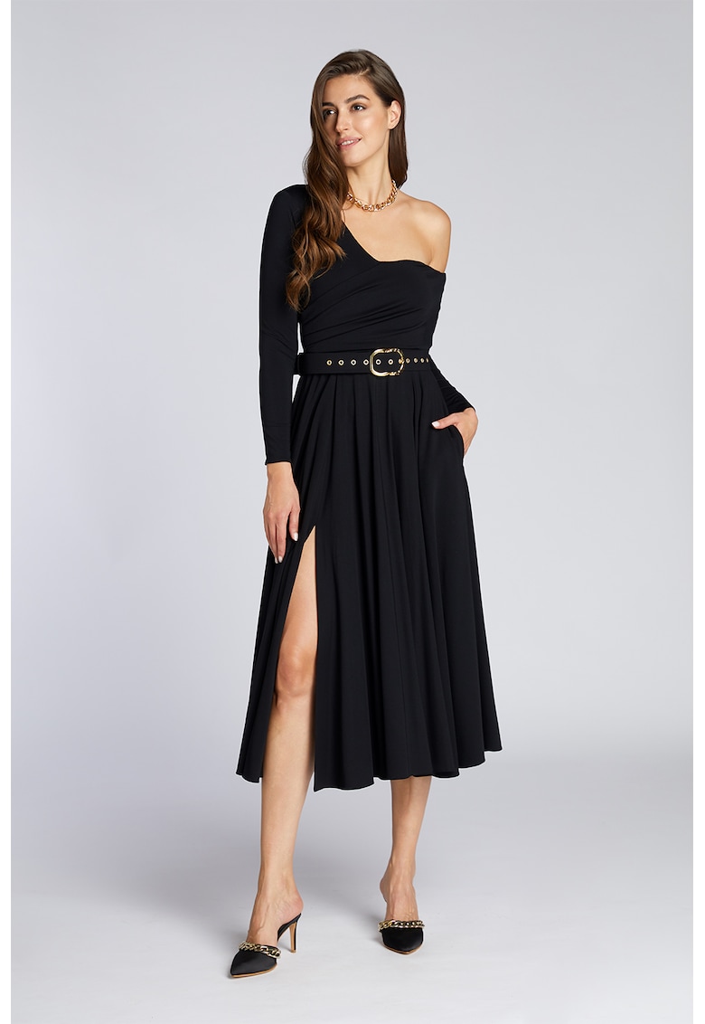 Rochie cu decolteu pe un umar si slit lateral - Onyx Black