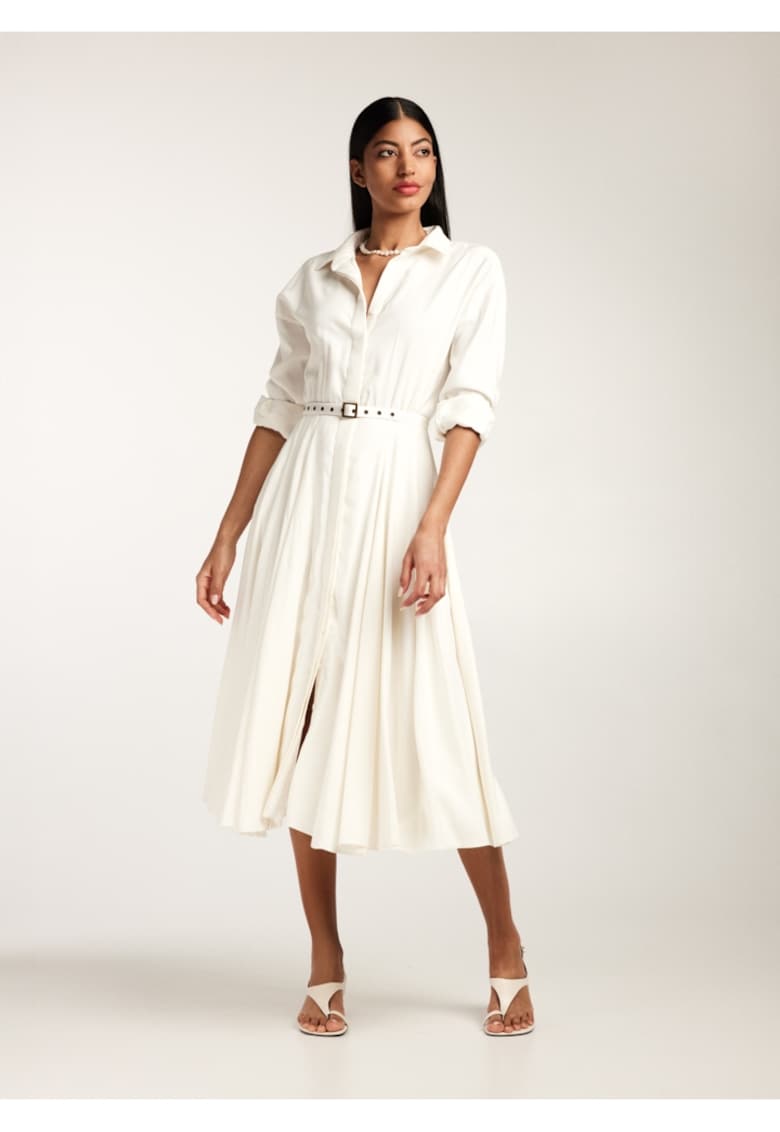 Rochie-camasa midi cu pliuri si o curea - Alb