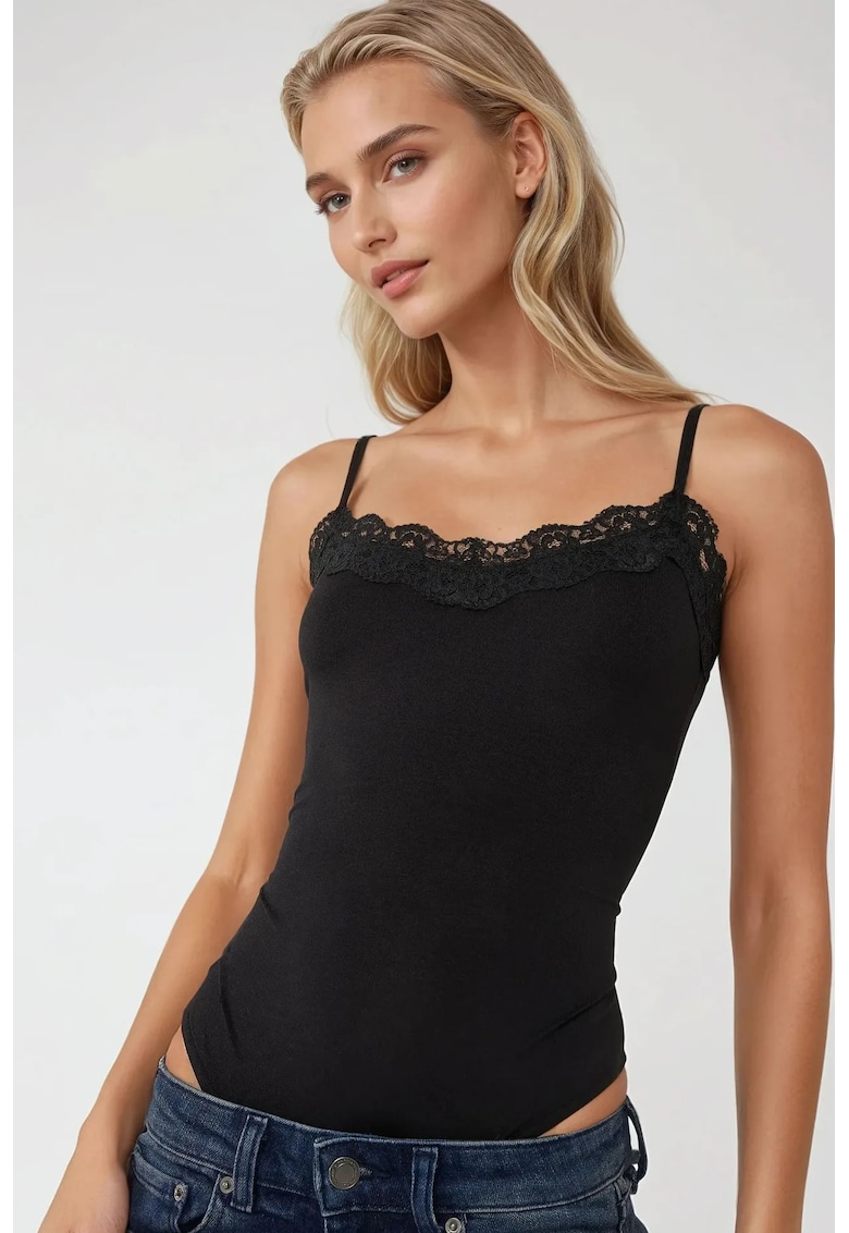 Body slim fit  decolteu in V - dantela - negru - jerseu