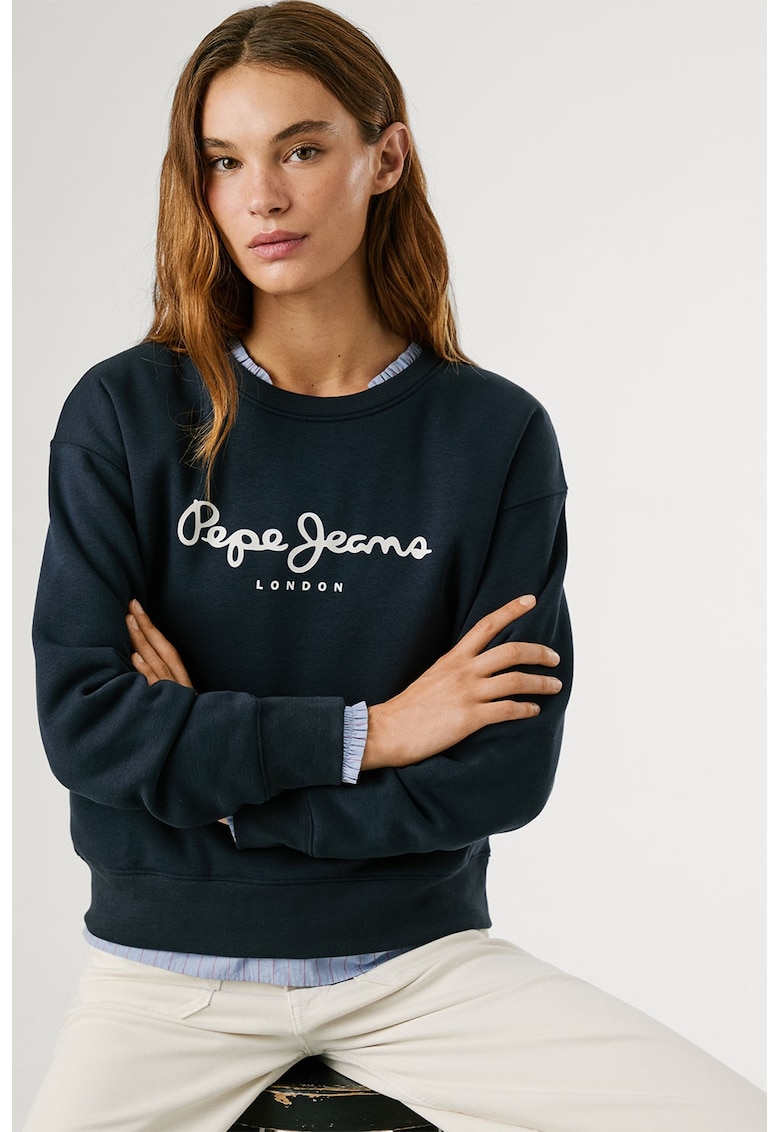 Bluza de trening cu imprimeu logo si decolteu la baza gatului - Bleumarin