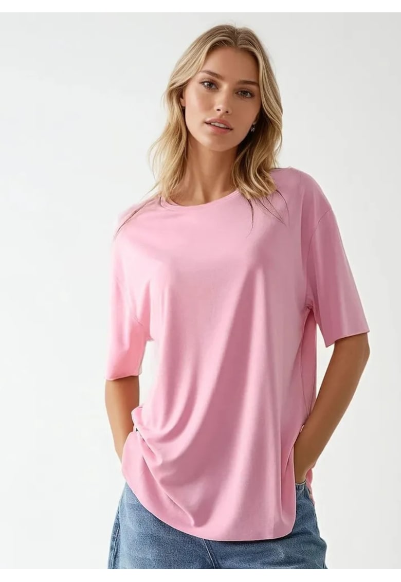 Tricou dama -  tricotat - guler rotund - maneca scurta - roz - jerseu