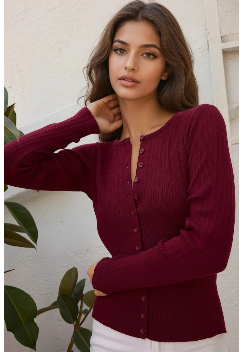 Cardigan dama -  slim fit - guler rotund - visiniu - tricot