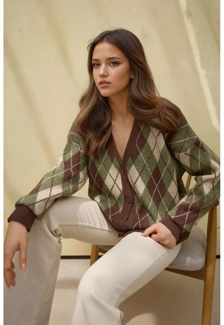 Cardigan lung tricotat model geometric cu decolteu in V si nasturi -  tricot - Verde kaki -