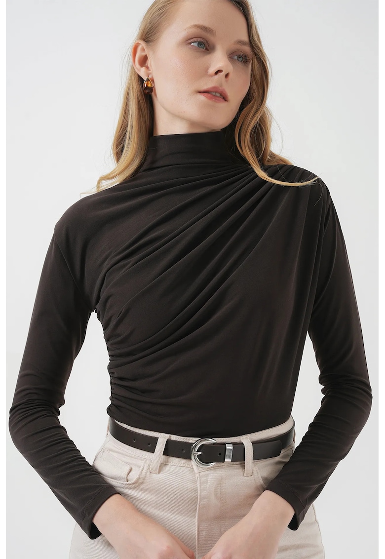 Bluza din jerseu cu guler inalt si drapaje