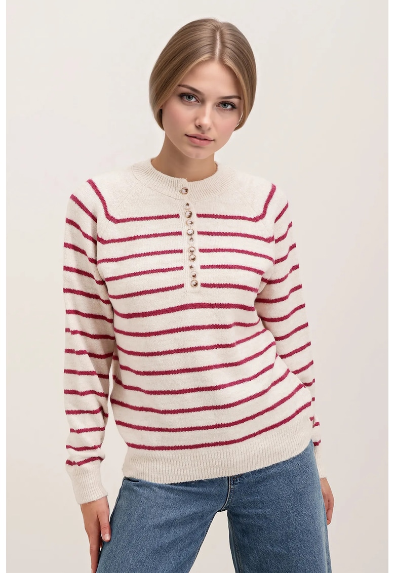 Pulover tricotat BigDart cu dungi - inchidere cu nasturi - acril si lana - Roz magenta -