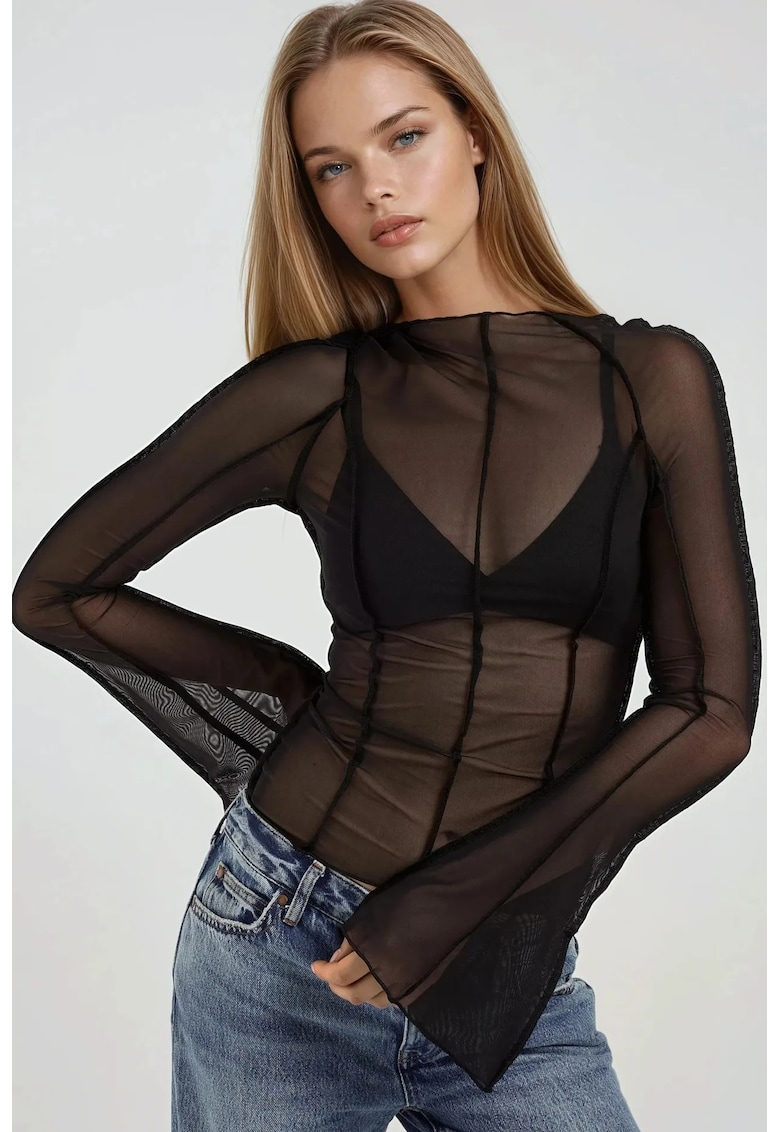 Bluza dama -  maneca lunga - jerseu - negru transparent