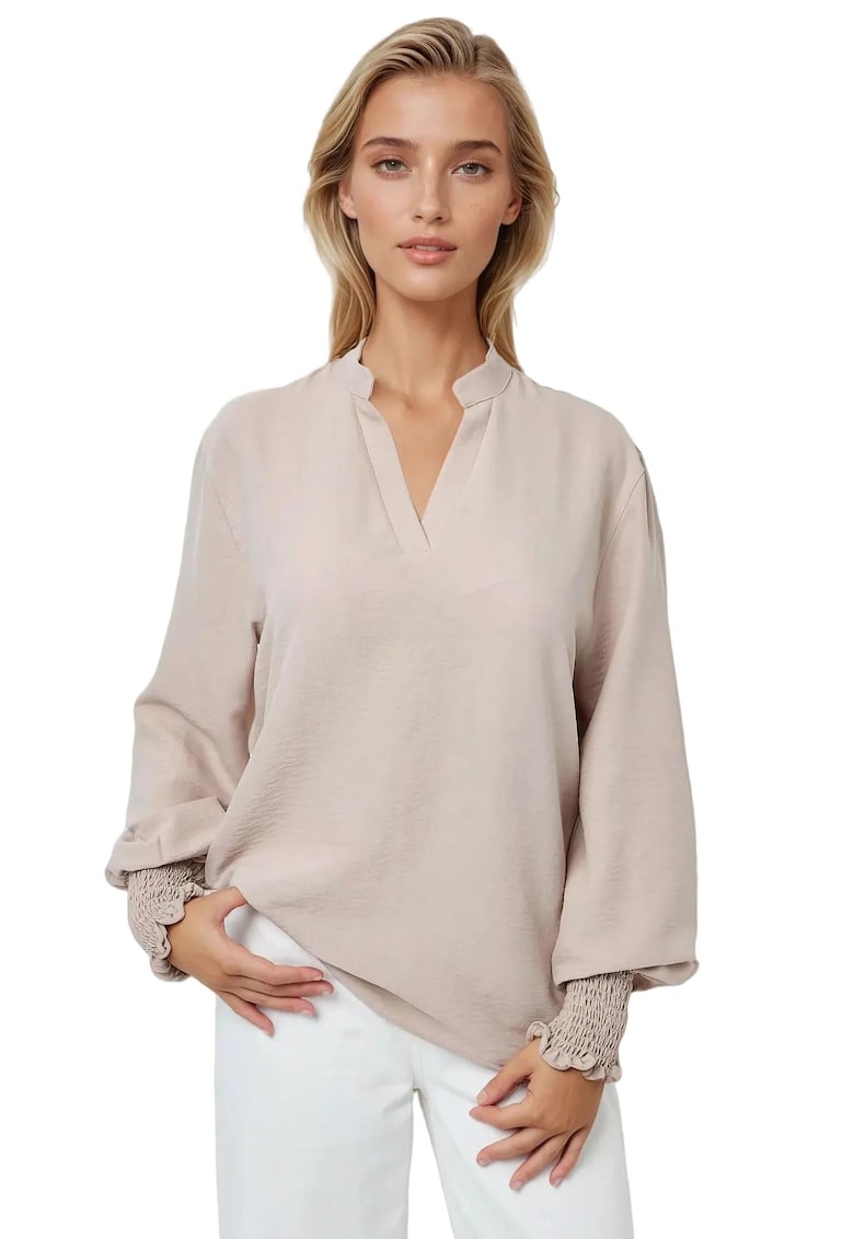 Bluze dama -  bluza cu maneca lunga - decolteu in V - bej - bumbac