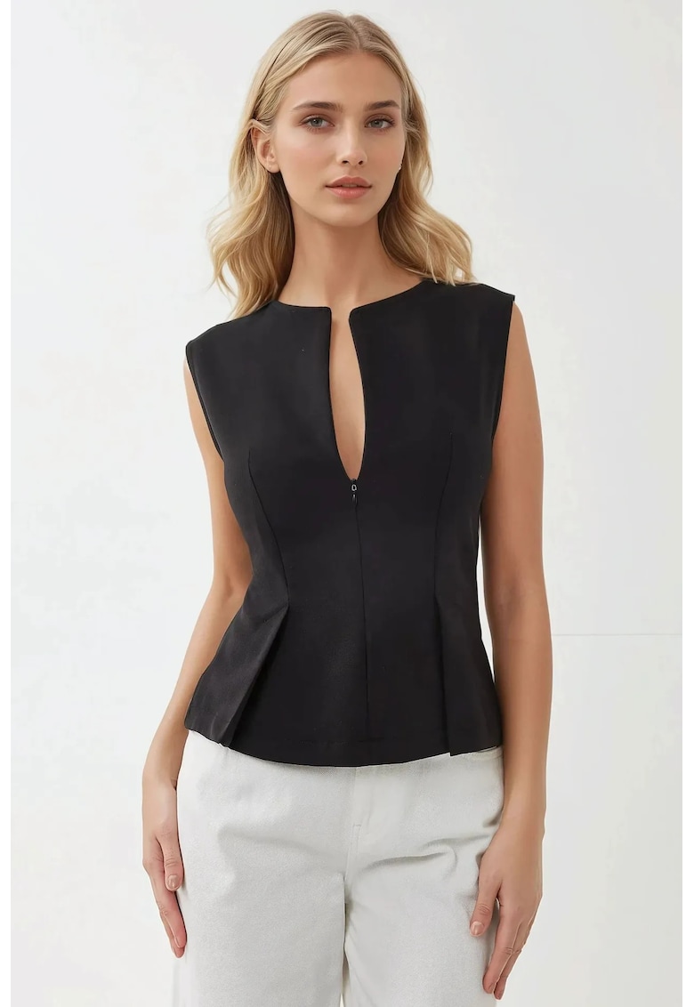 Top  fara maneci - decolteu in V - negru - textil
