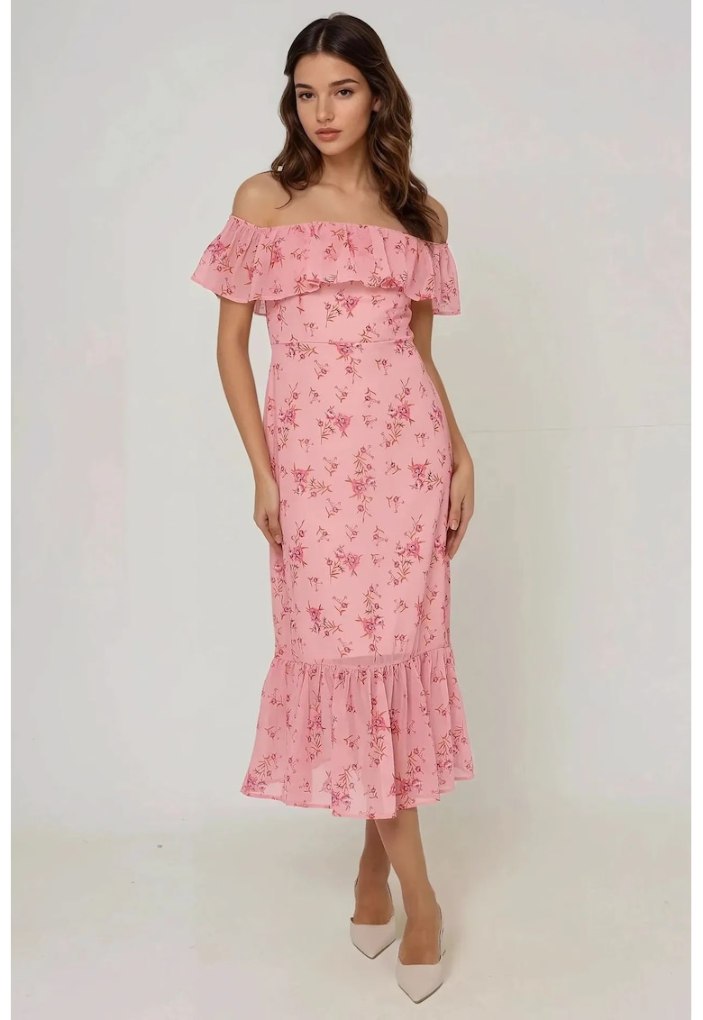 Oferte la Rochie midi bodycon -  floral - umeri goi - roz - tul