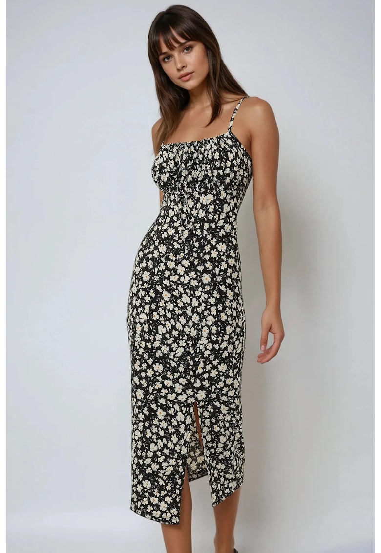 Rochie midi mulata -  imprimeu floral - crapatura - negru - jerseu
