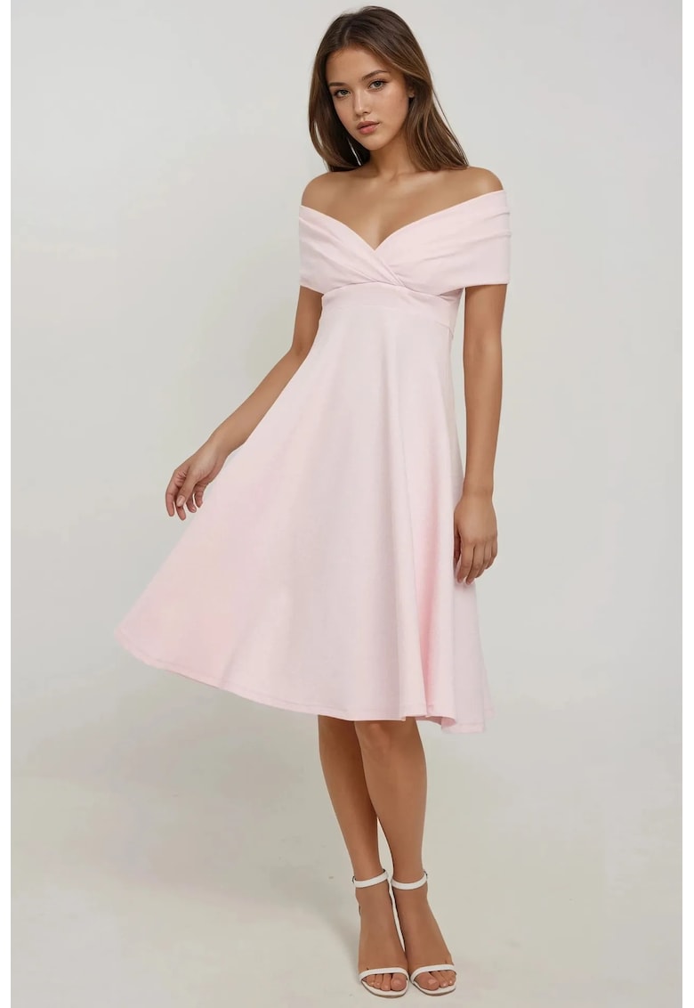 Rochie midi -  decolteu tip barca - roz - textil