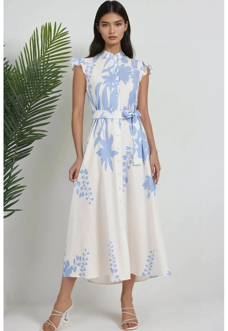 Rochie maxi -  imprimeu floral - albastru - material textil