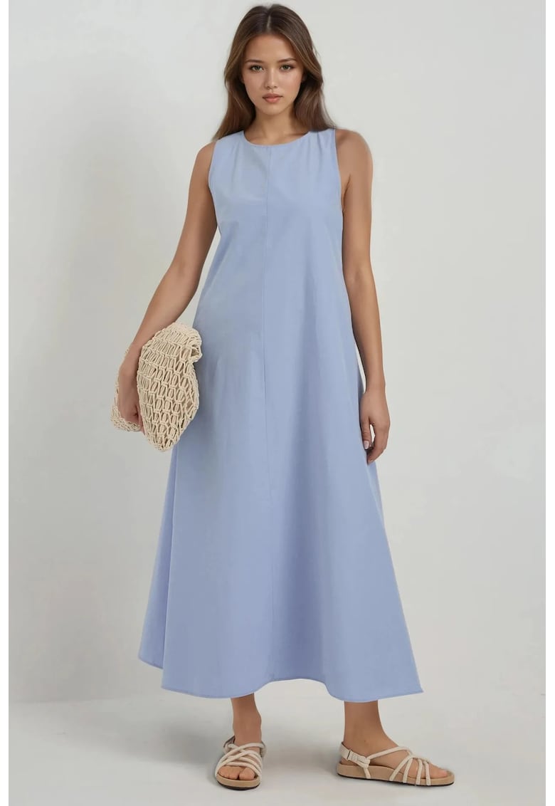 Rochie maxi -  colectia Mixray - guler rotund - albastra - textil