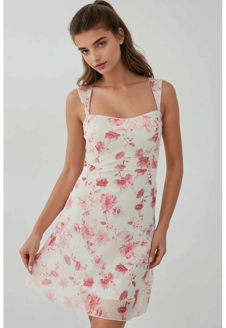 Rochie mini -  imprimeu - guler cu inima - multicolor - tul