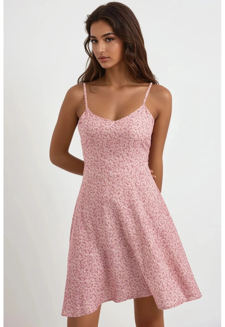 Rochie mini -  imprimeu floral - decolteu in V - roz - bumbac