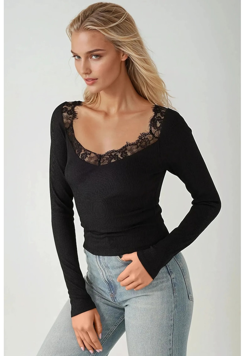 Top  -  slim fit - decolteu in V - maneca lunga - negru - jerseu