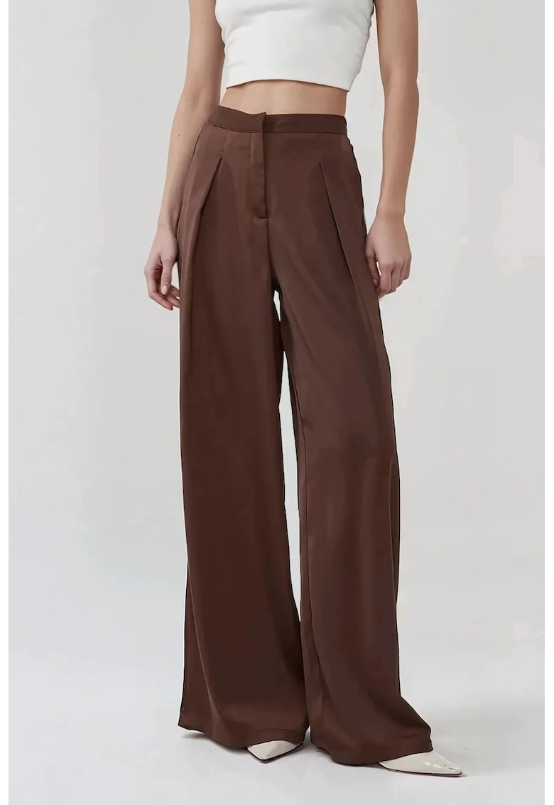Pantaloni dama -  Palazzo din satin - talie inalta - croiala larga - maro
