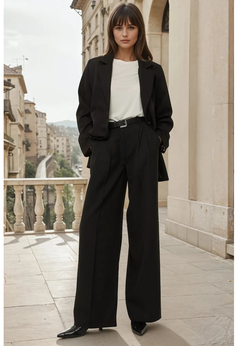 Pantaloni dama -  plisati cu picior larg - negru - poliester-viscoza