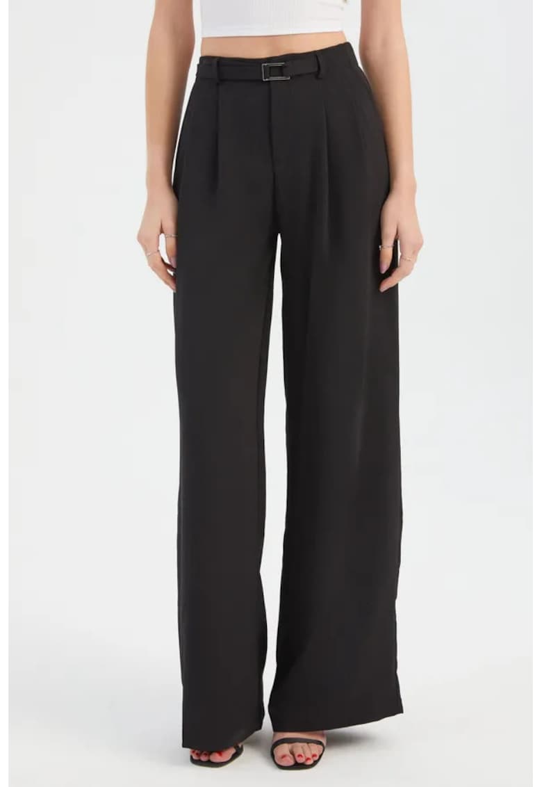 Pantaloni dama -  largi plisati - talie inalta - negri - textil