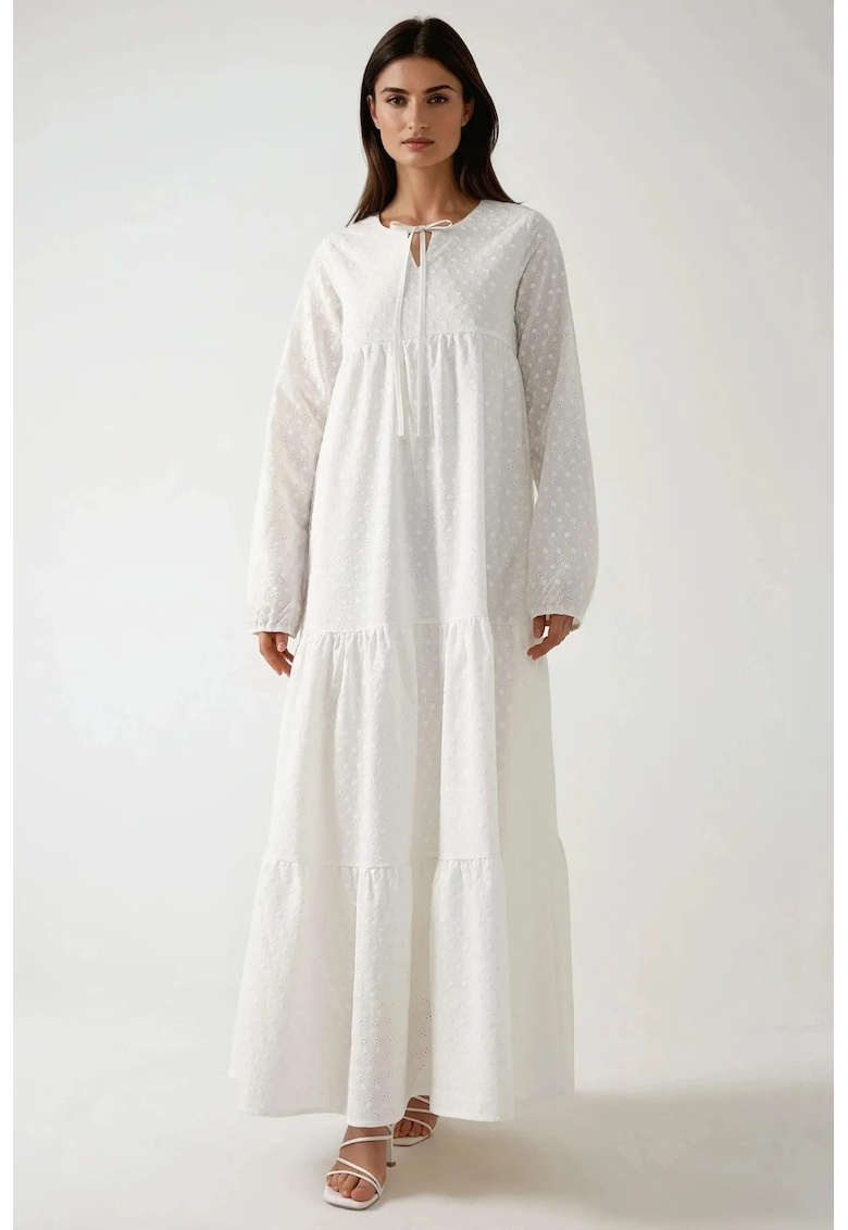 Rochie maxi -  decolteu rotund - texturata - alb - textil