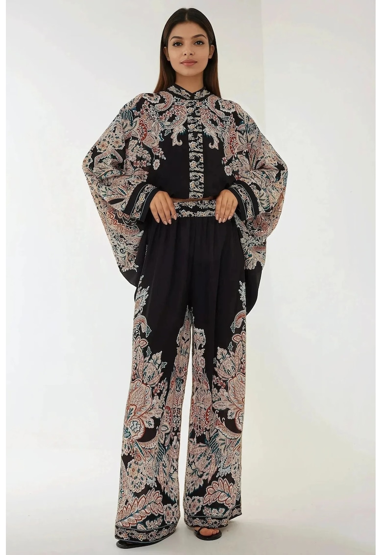 Compleu dama -  pantaloni cu talie inalta - croiala larga - negru - textil