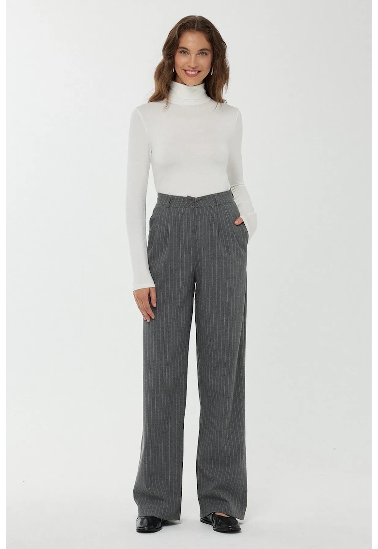 Pantaloni dama -  drepti - talie inalta - dungi - gri - poliester