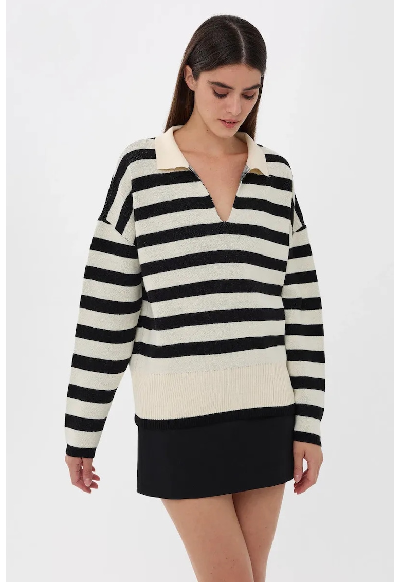 Pulover tricotat -  guler polo - dungi - negru - material acrilic