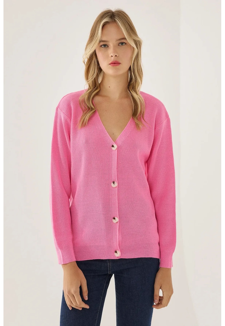 Cardigan Femei  Decolteu in V - Nasturi - Tricot - Roz neon
