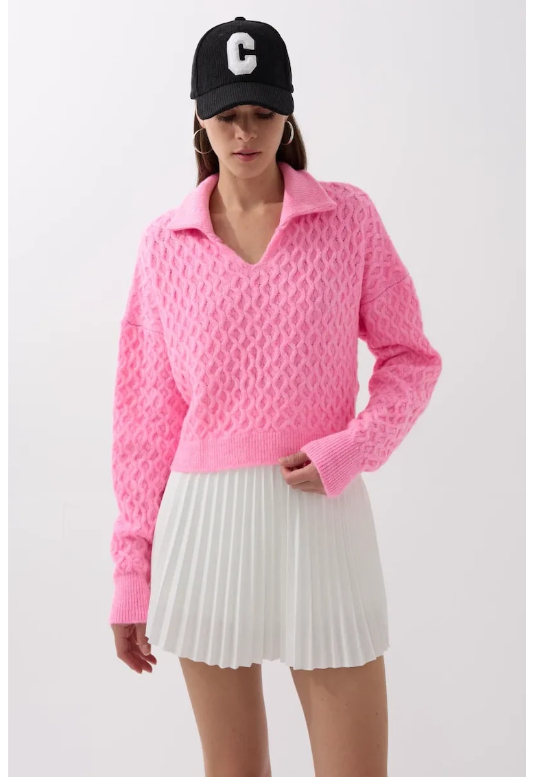 Pulover dama -  pulover tricotat texturat cu guler camasa - roz - tricot