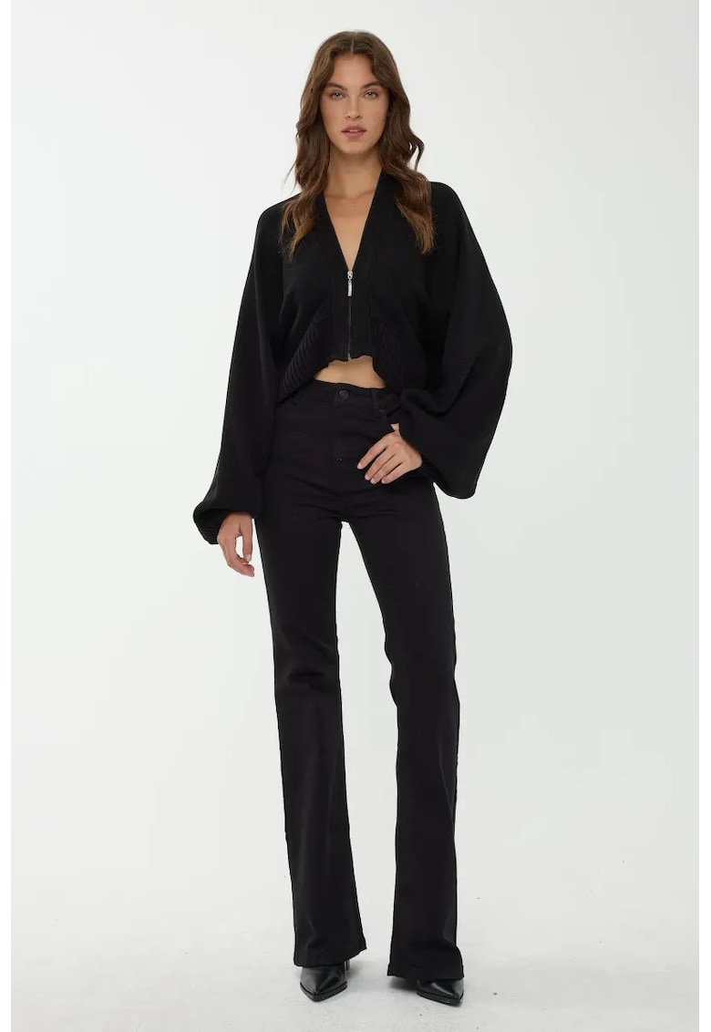 Pulover dama -  supradimensionat cu guler cu fermoar - negru - tricot