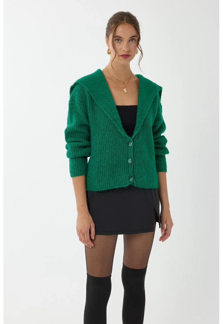 Pulover dama -  cardigan tricotat cu nasturi - croiala lejera - acril - Verde Padure