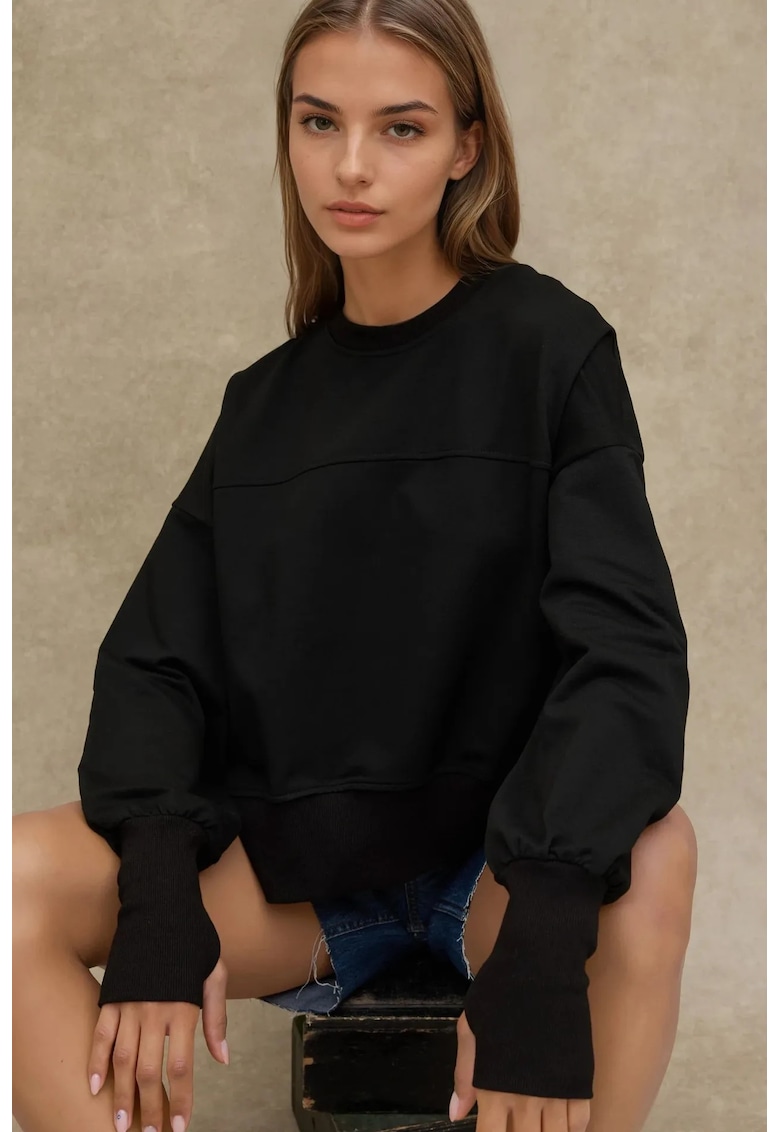 Hanorac dama  supradimensionat - guler rotund - negru - textil