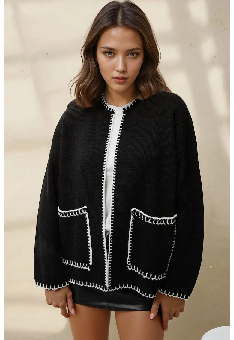 Cardigan lung tricotat  detalii cusute - negru - tricot