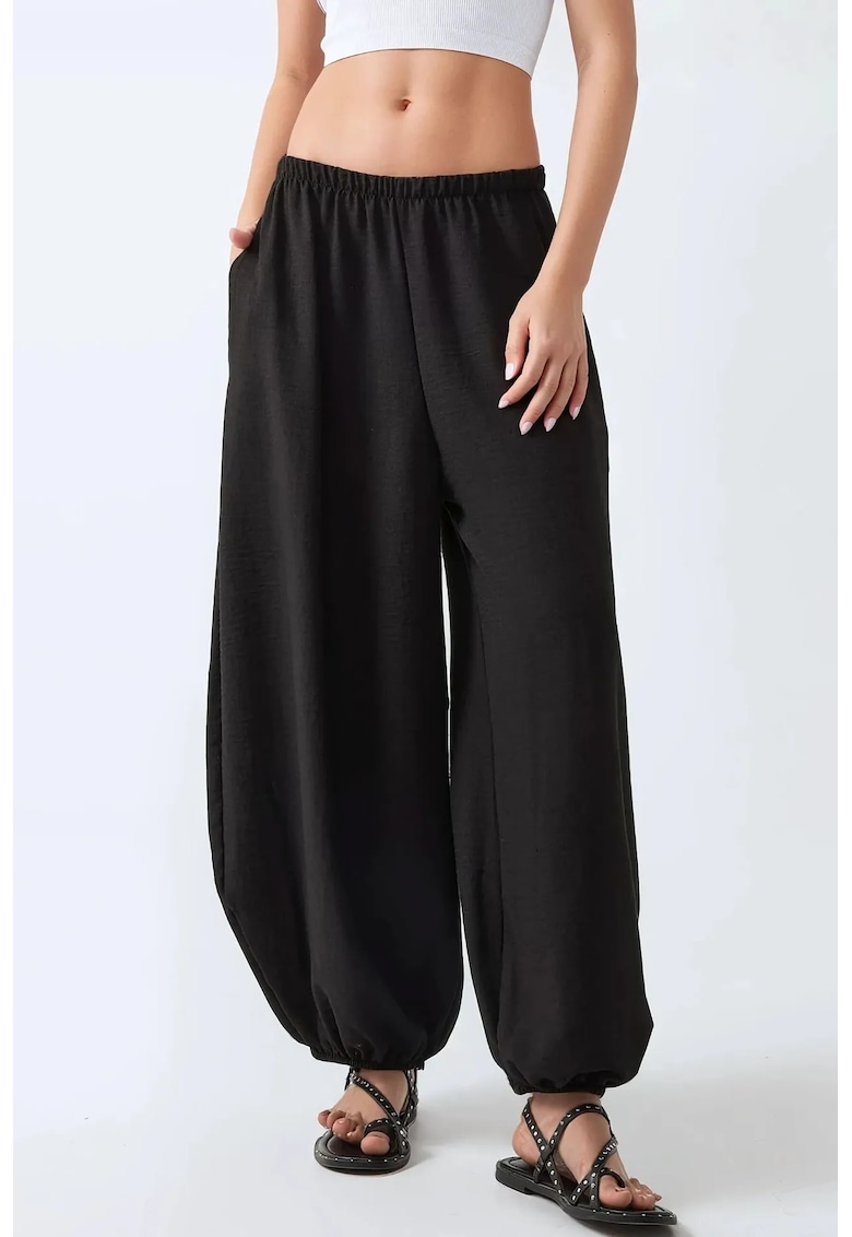 Pantaloni jogger -  talie joasa - largi - negri - poliester