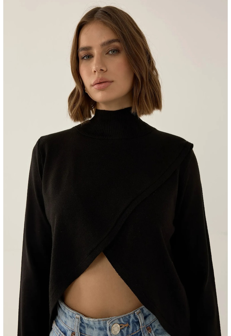 Pulover dama  tricotat - asimetric - guler inalt - negru - acril