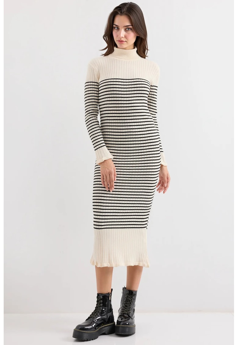 Rochie tricotata  guler inalt - dungi - material acril si lana - Fildes Natural -