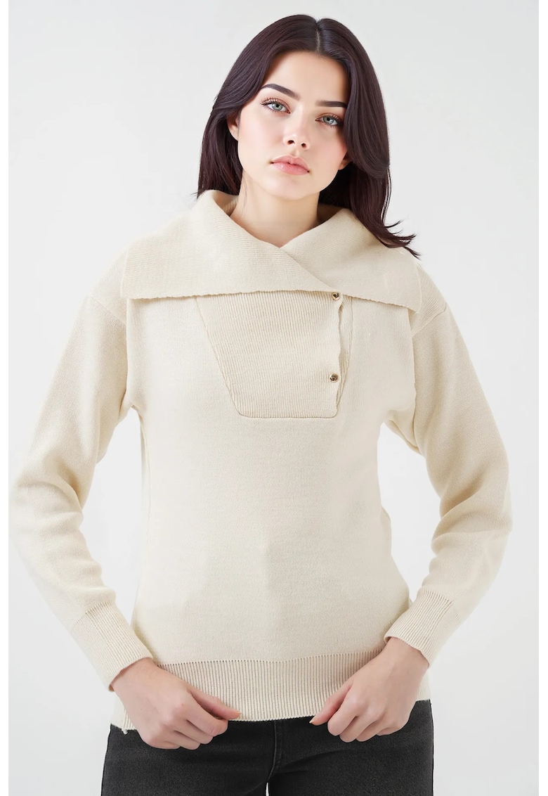Pulover dama BigDart - acrilic - guler sal - tricot - Crema naturala -