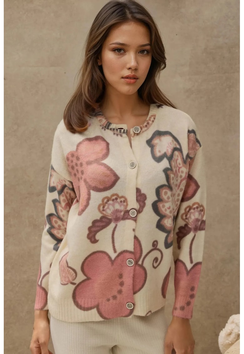 Cardigan -  Jacquard cu Flori - tricotat - Fildes Natural -