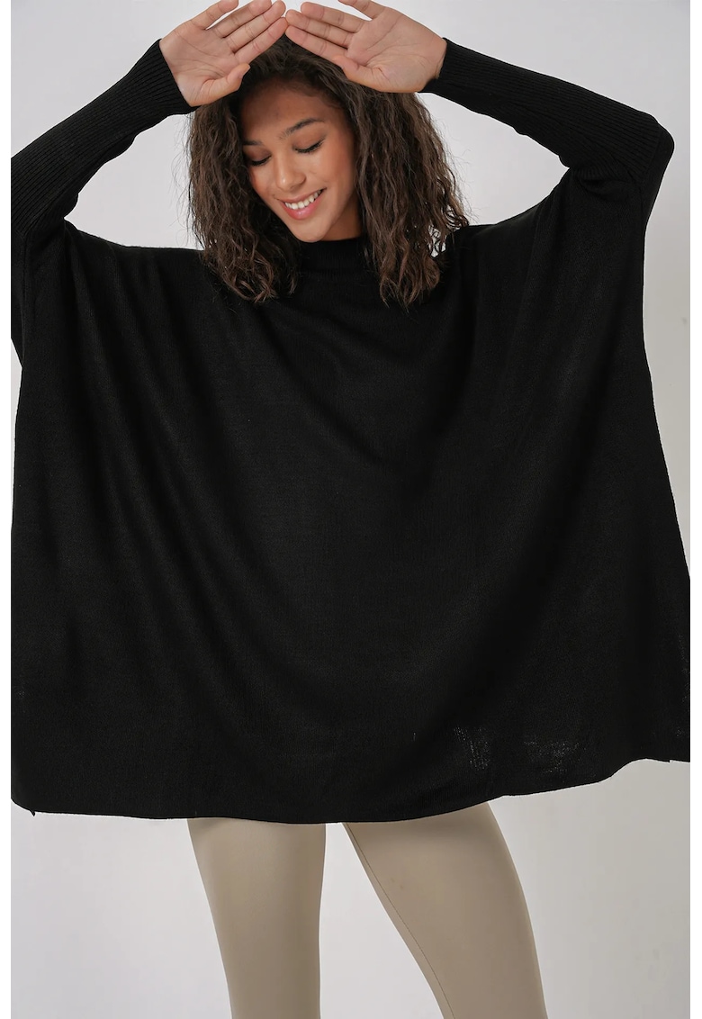 Pulover dama - BigDart - cu guler inalt - dungi - tricot - Negru -