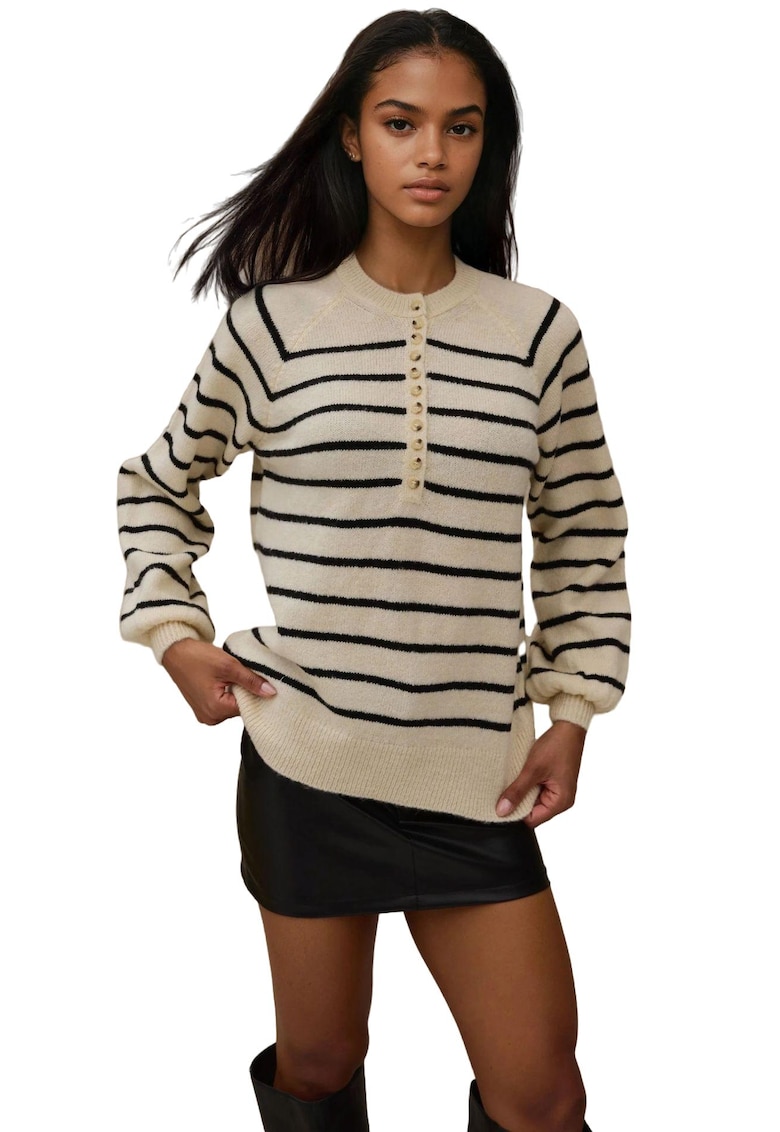 Pulover dama  cu guler cu nasturi - model cu dungi - tricot - Negru -