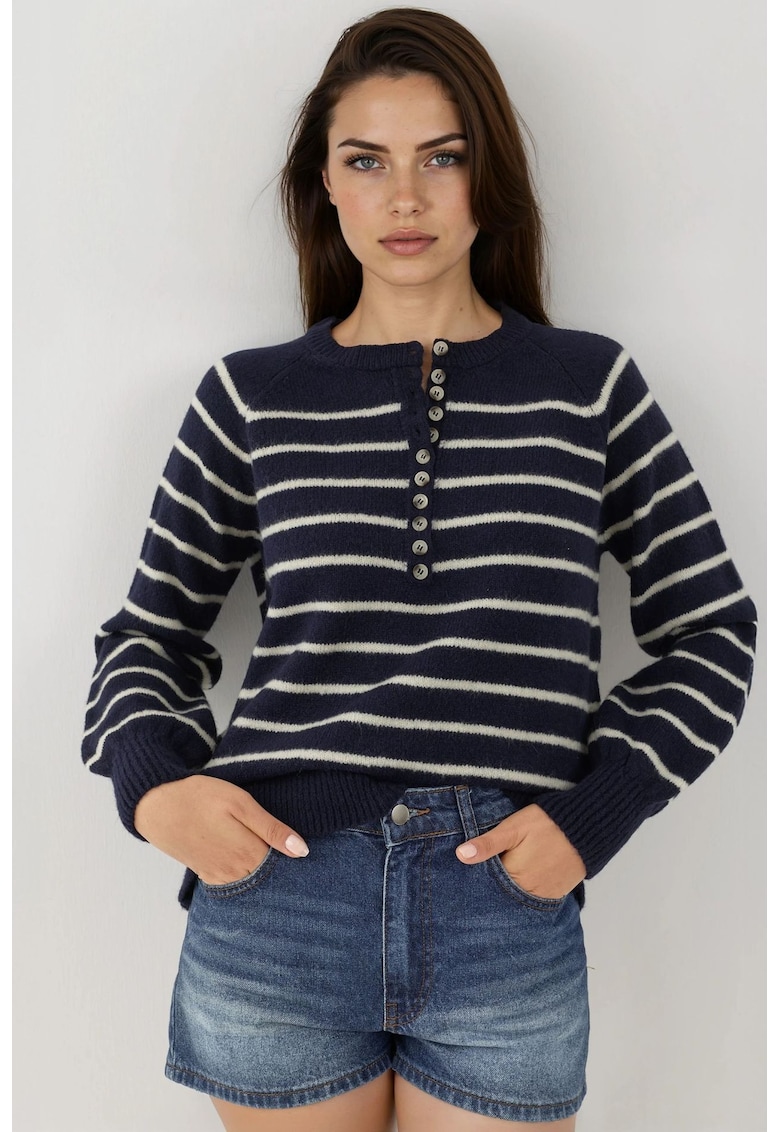 Pulover dama  cu guler cu nasturi - model cu dungi - tricot - Albastru de miezul noptii -