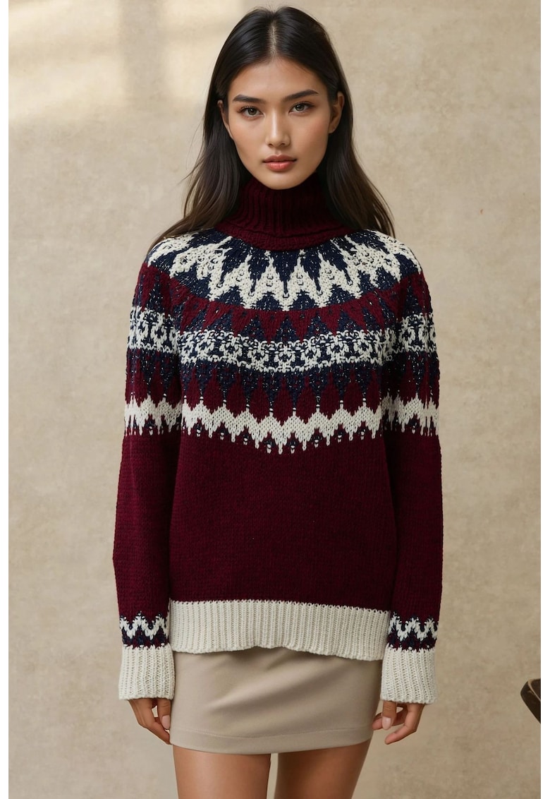 Pulover dama -  cu guler inalt - tricot - Rosu Burgund -