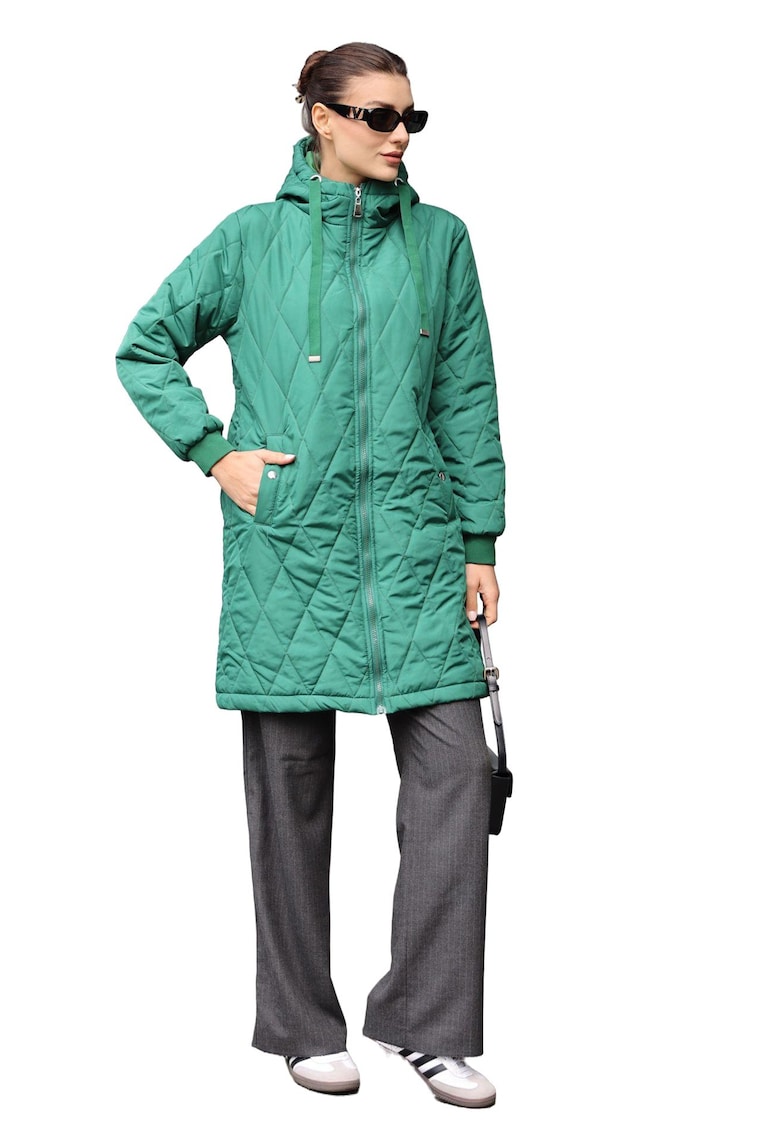 Geaca lunga dama - cu gluga - HiCCUP - textil - verde smarald