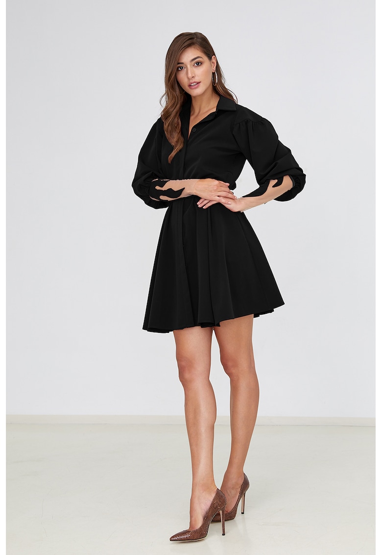 Rochie mini evazata cu maneci bufate - Negru