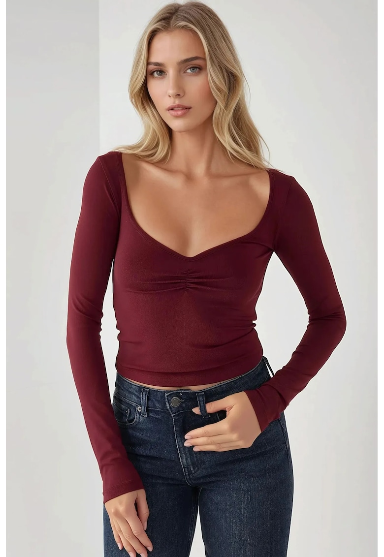 Top dama -  slim fit - decolteu in V - rosu - jerseu