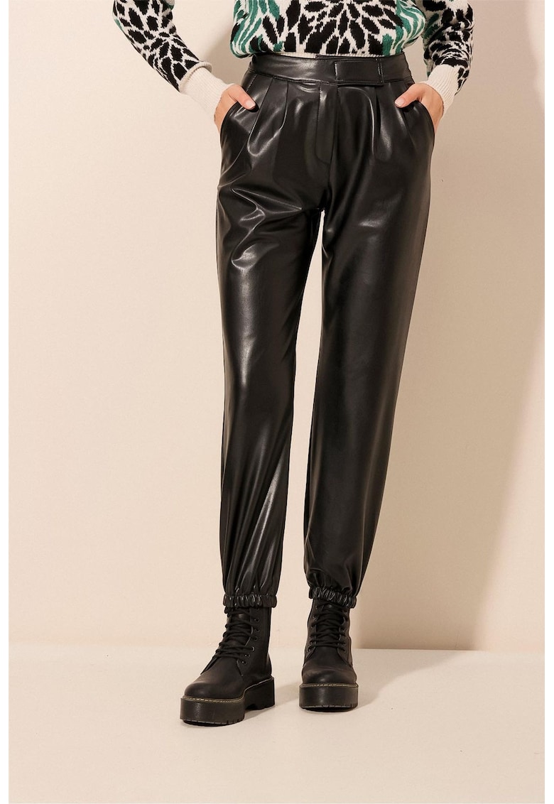 Pantaloni jogger - HiCCUP - Baggy Fit - talie elastica - negru - piele ecologica
