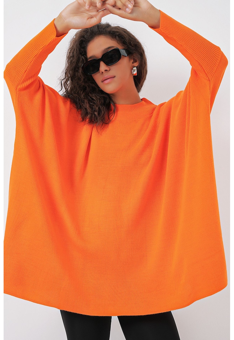 Pulover dama - HiCCUP - guler inalt - dungi - portocaliu - tricot -