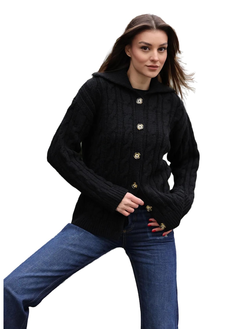Cardigan tricotat texturat BigDart cu guler tip camasa - acril - maneci lungi - Negru -